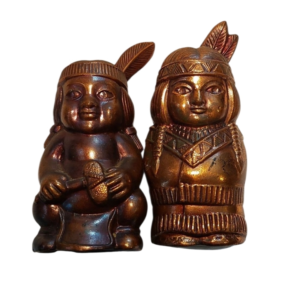 Vintage Salt and Pepper Shakers Set Cast Metal Native American EUC